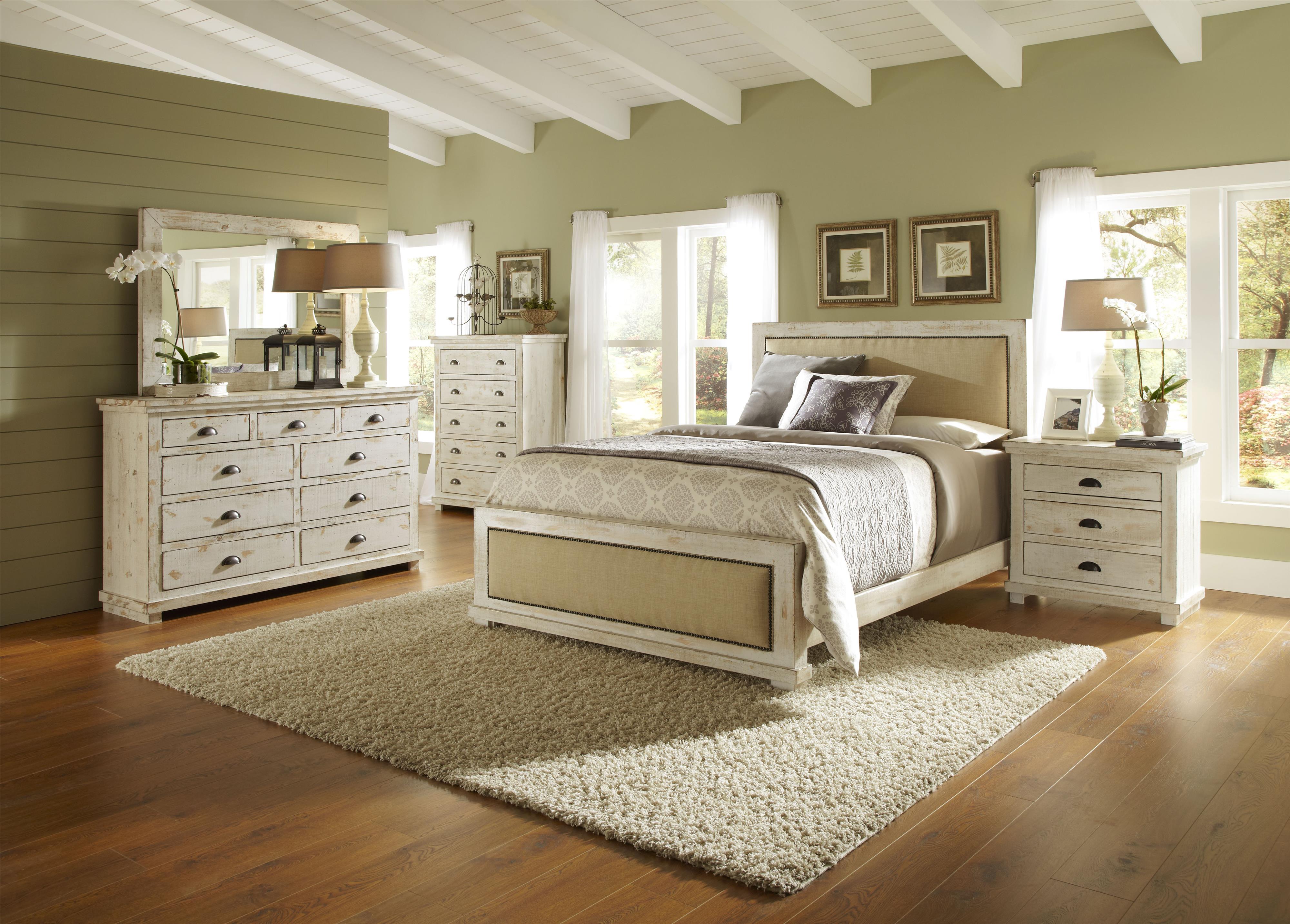Progressive Furniture Willow Queen Upholstered Bed with Distressed Pine Frame Find Your
